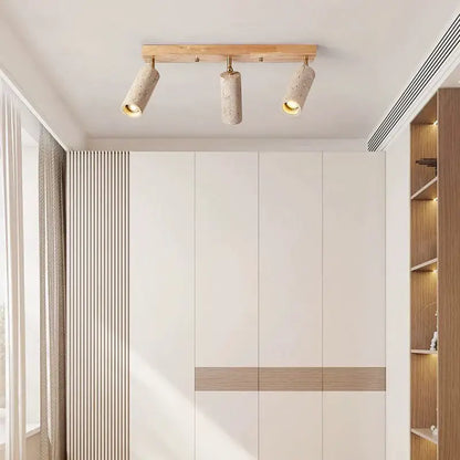 Modern stone and wood 3-head led ceiling spotlight with light wood frame and off-white shades for living room lighting
