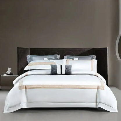 Modern striped white and beige luxury cotton bedding set with satin duvet cover and matching pillows for king size luxury decorbites king size bedroom
