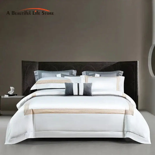 Modern striped white and beige luxury bedding set in satin cotton with gray accent stripes for king size decorbites king size luxury