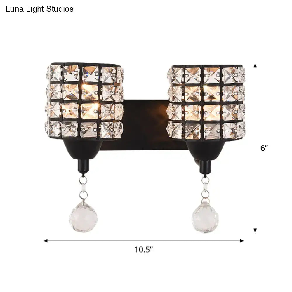Modern style black metal wall sconce with crystal shade and teardrop crystals for 110v-120v or 220v-240v lighting