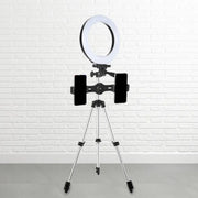 Modern style black and silver led ring flash light with tripod and dual phone holders for streaming and photography use