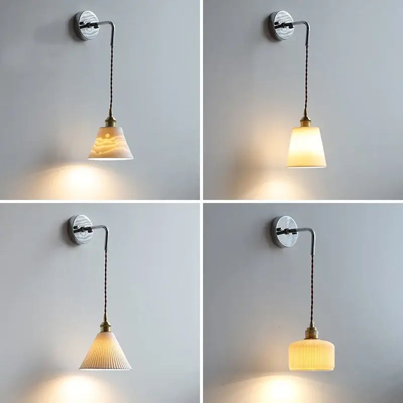 A set of four modern sunset glass led wall sconces with chrome brackets and warm ceramic led wall shades for decorbites ceramic led lighting