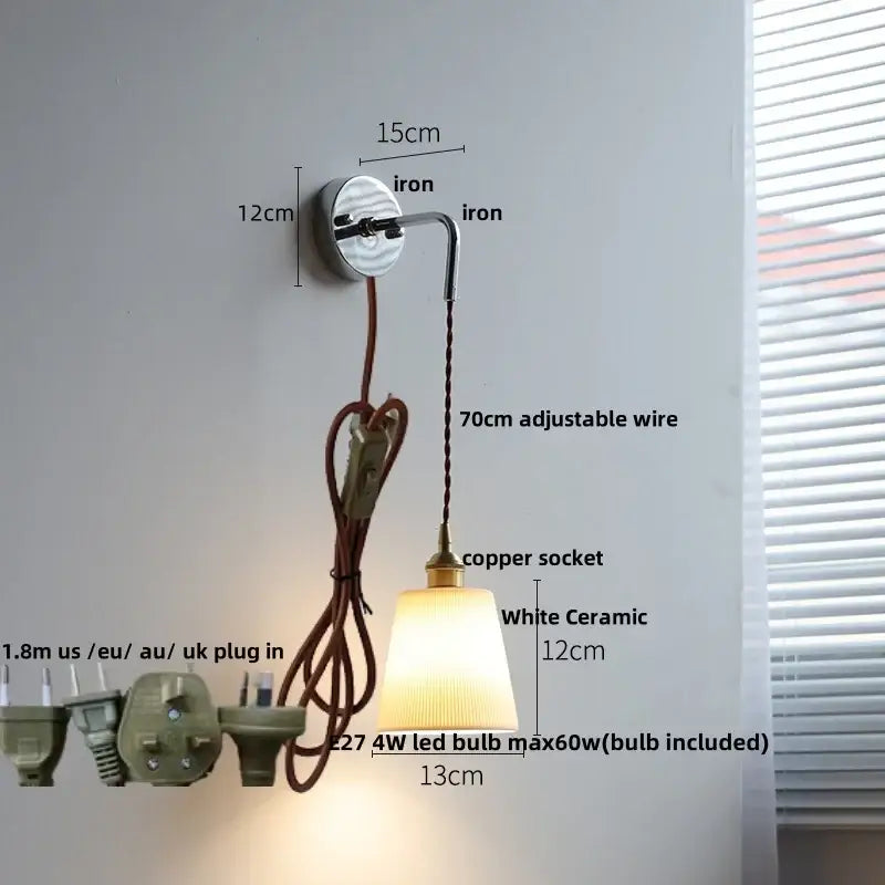 Modern sunset glass led wall sconce with white ceramic led shade copper socket and adjustable brown cord for decorbites ceramic led wall use
