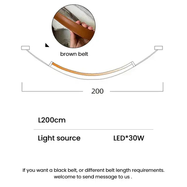 Brown leather belt with smooth glossy finish and classic buckle in modern tan leather and brass led tube suspension chandelier setting