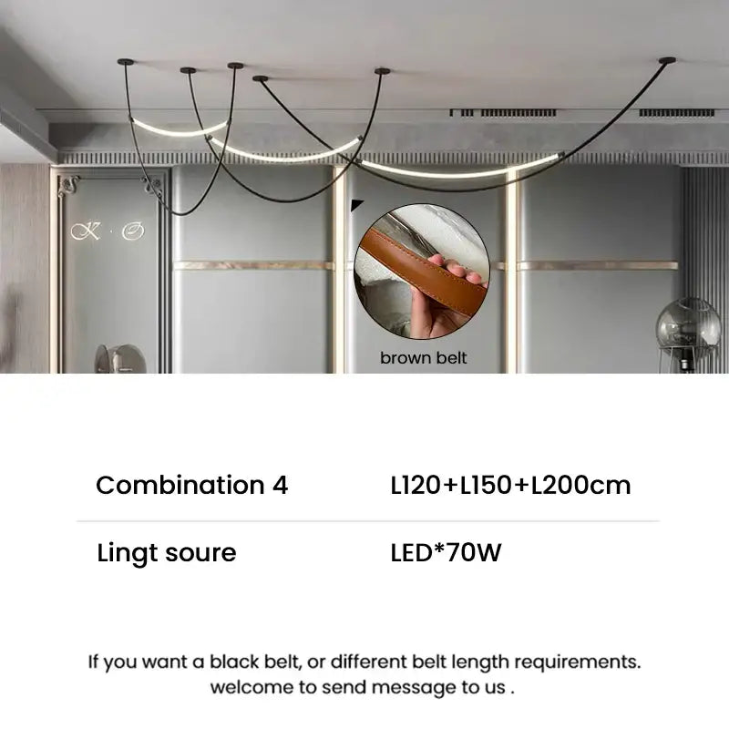 Brown leather belt with smooth texture and stitching paired with modern tan leather and brass led tube suspension chandelier