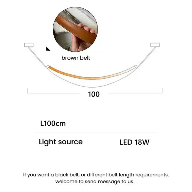 Modern tan leather and brass led tube suspension chandelier with brown leather belt featuring visible stitching