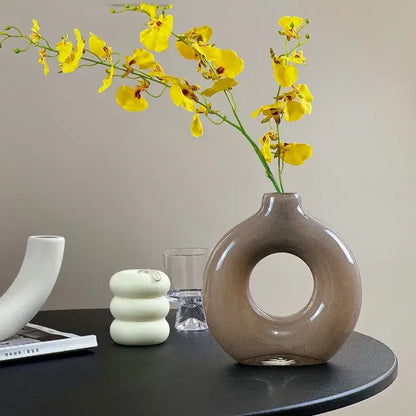 A sleek matte gray ceramic circles glass vase with geometric circles design for modern living room decorbites decor
