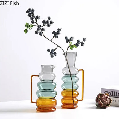 Stacked teal and amber glass bubble glass vase with gold-toned handle for modern decorbites bubble glass hydroponics use