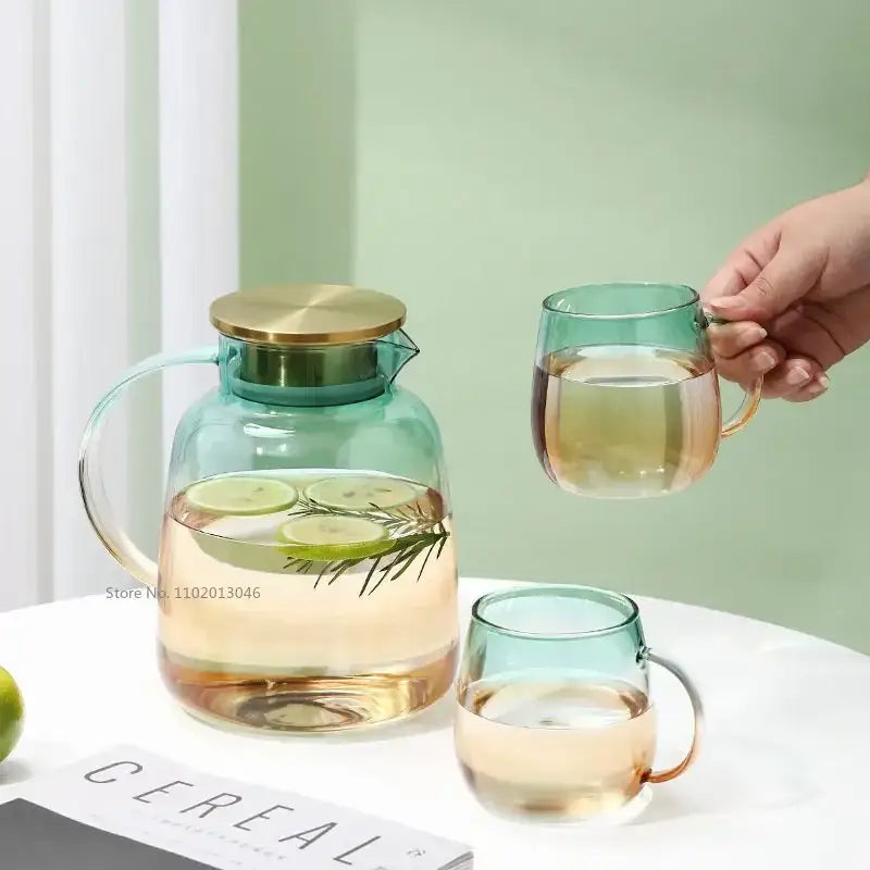 Modern teal and gold glass teapot set featuring a transparent teal glass pitcher with a gold-toned lid and matching mugs