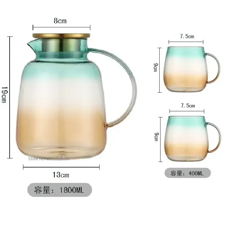 Modern teal and gold glass teapot set with gradient glass pitcher gold-toned lid handle and matching mugs
