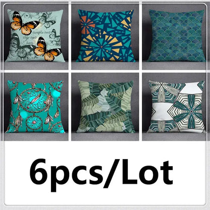 Six decorative throw pillows in teal blue and green with leaves flower pillowcase set for modern bedroom decor