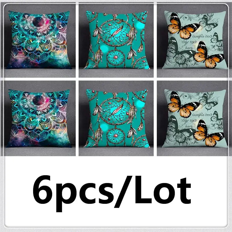 Six decorative teal throw pillows with green leaves flower and cosmic mandala designs in a flower pillowcase set