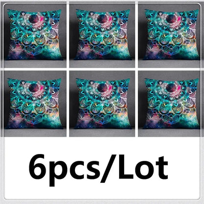Six square throw pillows featuring a vibrant teal cosmic leaves flower pillowcase set for modern bedroom decor