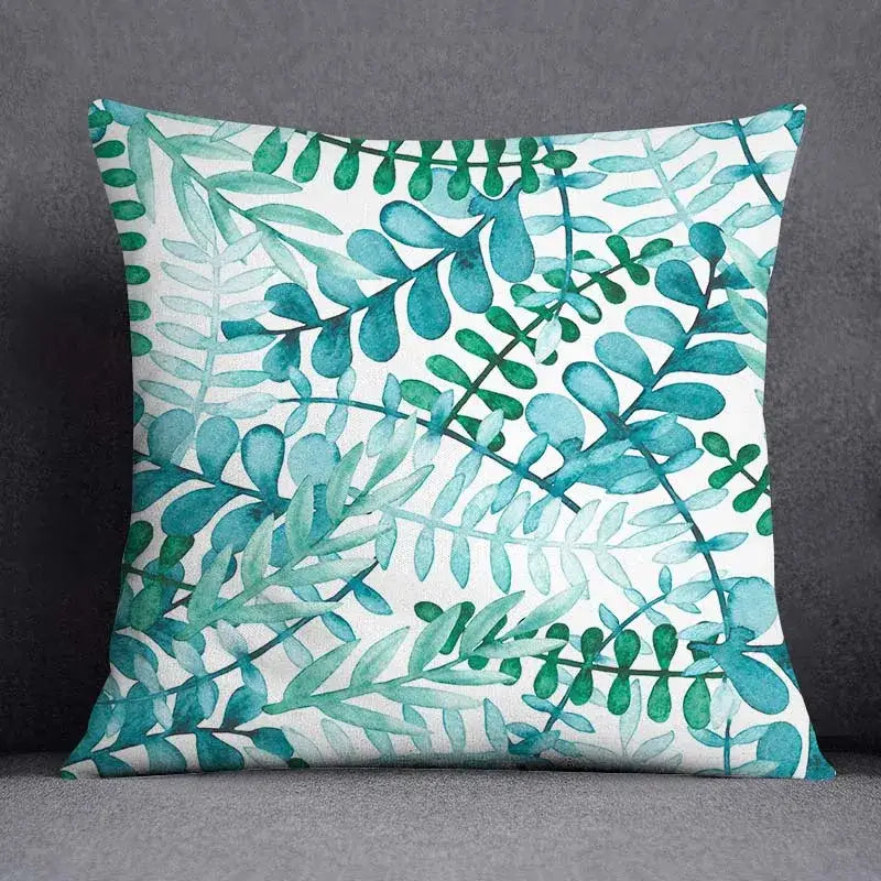 A square modern teal cosmic leaves flower pillowcase set with green leaves flower pattern on white background