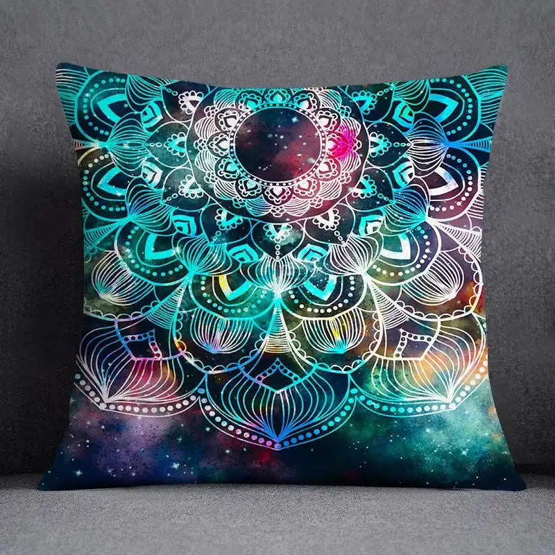 Modern teal cosmic leaves flower square pillowcase set with vibrant mandala and starry galaxy bedroom decor