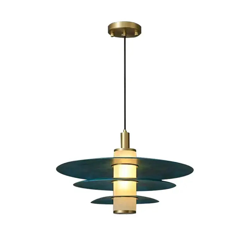 Modern teal glass and brass pendant light with layered shades for kitchen island featuring decorbites blue copper style