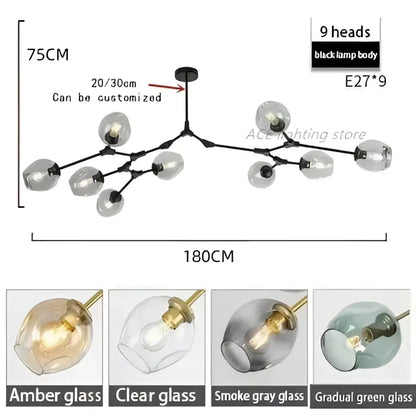 Black metal modern teal glass bubble branch chandelier with nine amber clear smoke gray or gradient green globes