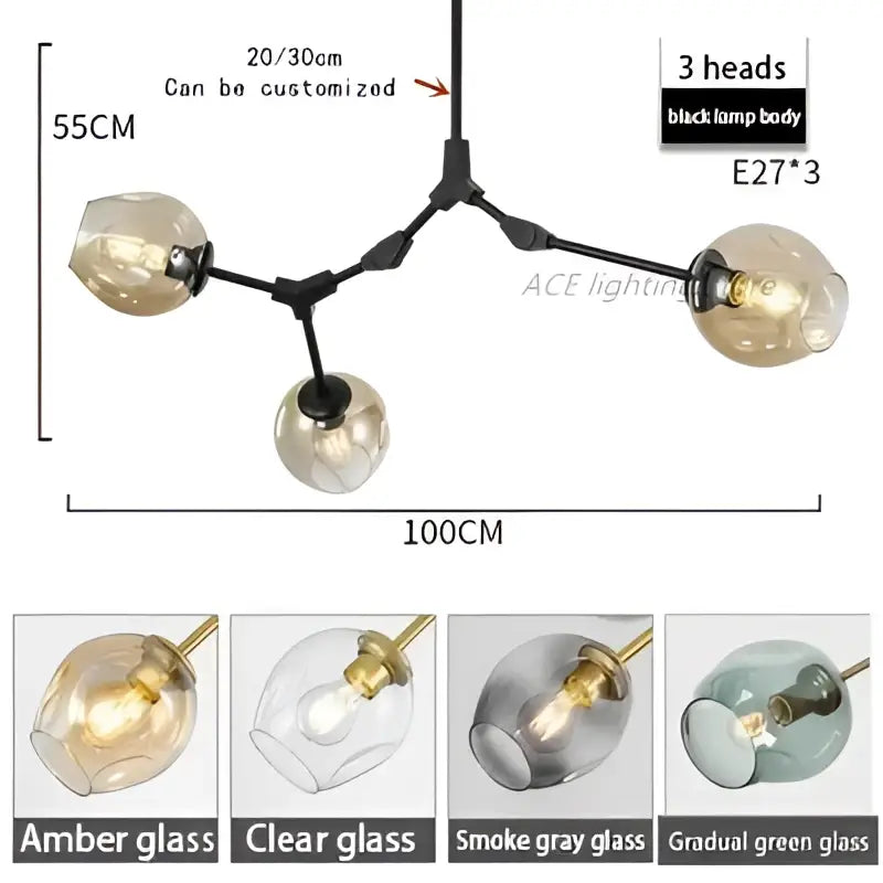 Black metal bubble branch chandelier with three amber glass globe shades for modern dining room decorbites glass bubble design