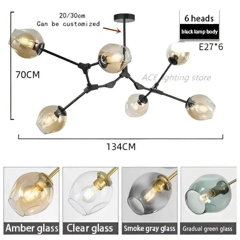 Modern teal glass bubble branch chandelier featuring black metal frame with six amber glass globe lights for dining room decorbites glass bubble