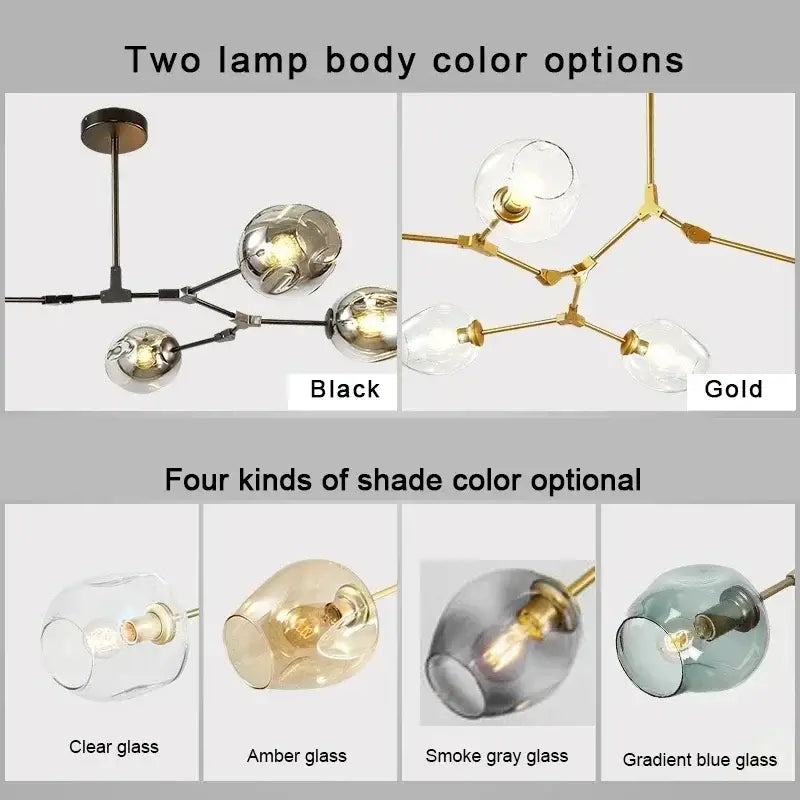 Modern teal glass bubble branch chandelier with sleek metal frame and spherical glass shades in black or gold finish