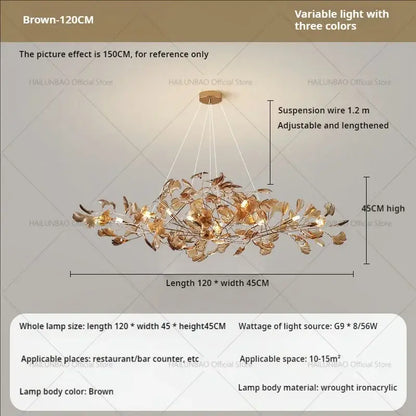 Brown 120cm wrought iron acrylic gingko leaf chandelier with three-color illumination for modern dining decorbites gingko leaf