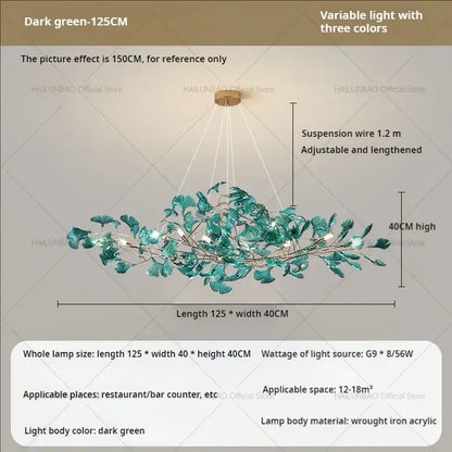 Modern teal glass gingko leaf chandelier with dark green wrought iron and acrylic body featuring variable light decorbites gingko leaf