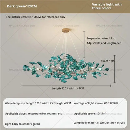 Modern teal glass gingko leaf chandelier with dark green leaves wrought iron and acrylic by decorbites gingko leaf decorbites gingko
