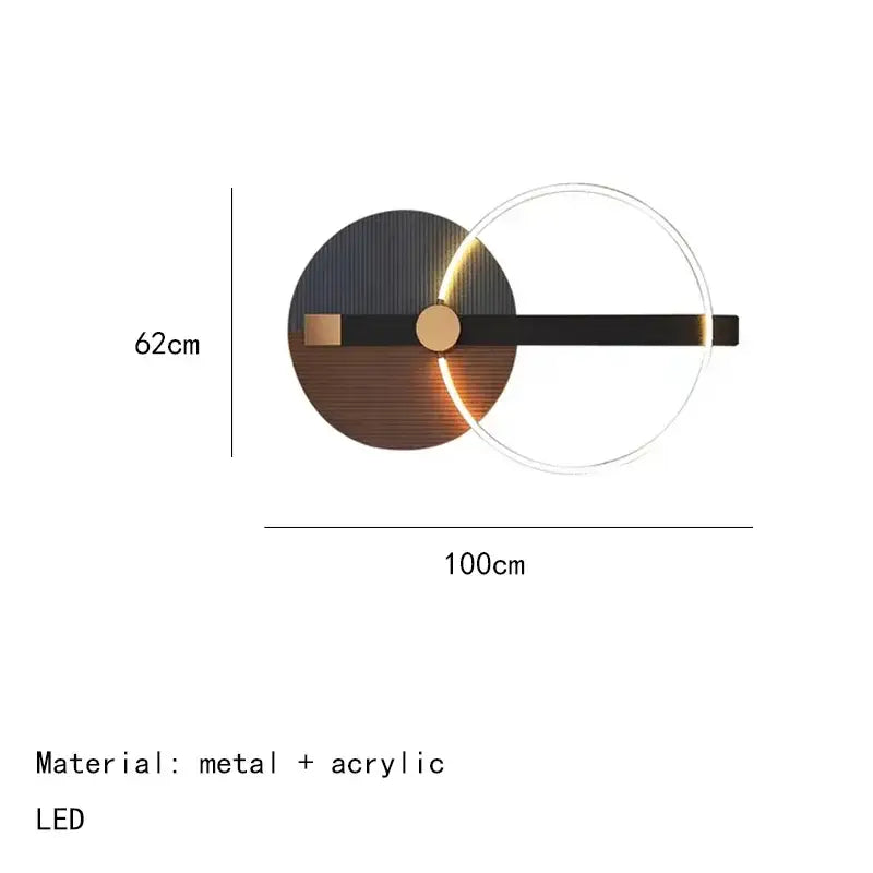 Modern teal and gold led wall sconce with colorful metal frame and circular diffuser emitting warm light for bedroom