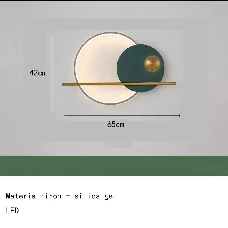 Modern teal and gold led wall sconce with colorful metal discs and circular design for bedroom wall art