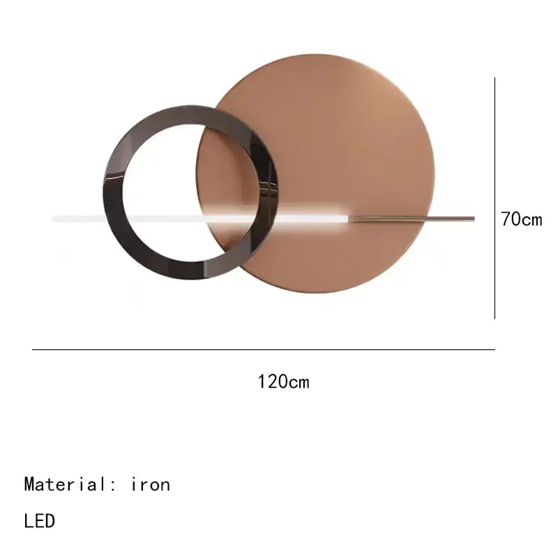 Modern teal and gold led wall sconce with colorful metal circular art featuring overlapping copper and black iron discs