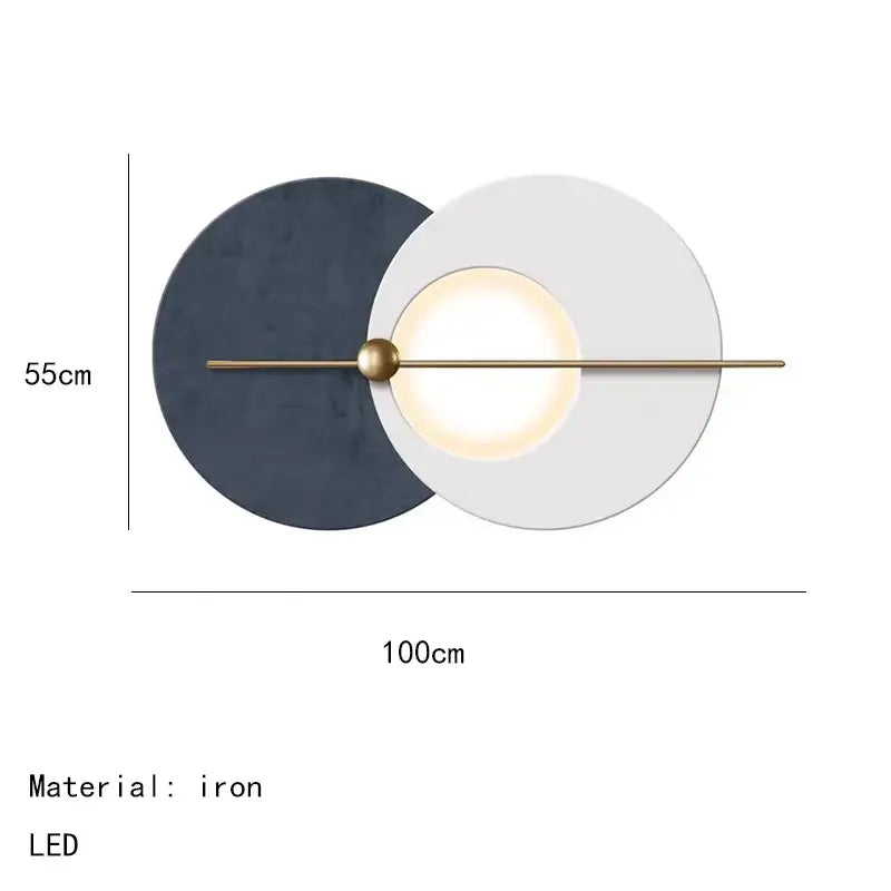 Modern teal and gold led wall sconce with colorful metal circular discs and ornamental brass rod for bedroom decor
