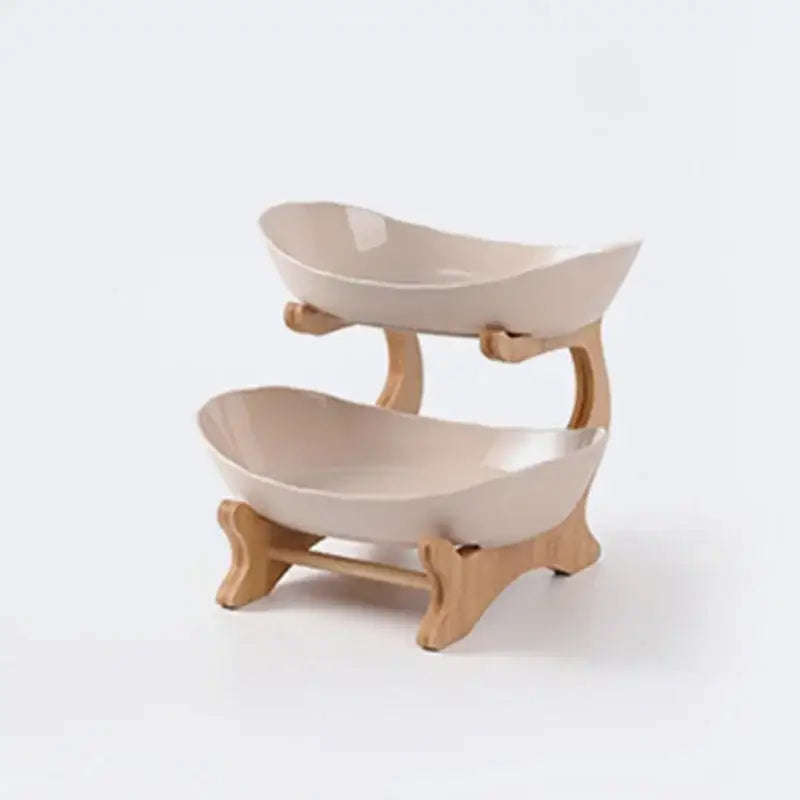 Beige ceramic two-tier layer table plates with light wood-tone bamboo legs for modern dining room use