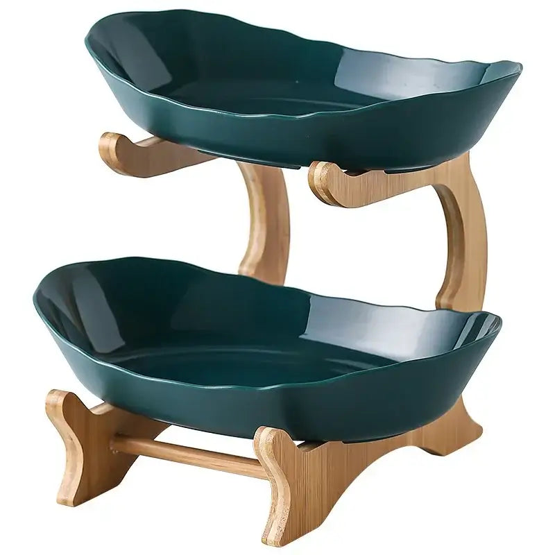Two-tiered modern teal ceramic layer table plates with white accents and bamboo legs for dining room fruit stand