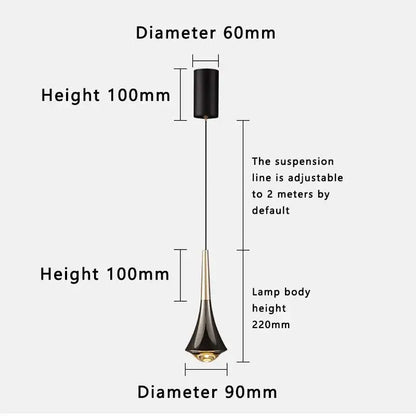 Modern teardrop black and gold glass pendant light with a white cord pendant light for dining room use