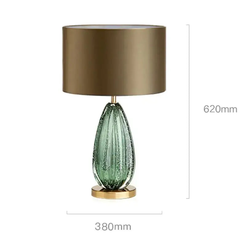 Elegant modern teardrop textured green and gold glass table lamp with brushed gold base and cylindrical shade for bedroom decorbites glass table lamp
