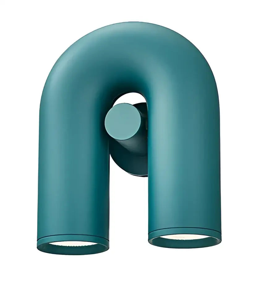 Teal ceramic led u-shaped wall lamp with two cylindrical light fixtures for modern bedroom lighting