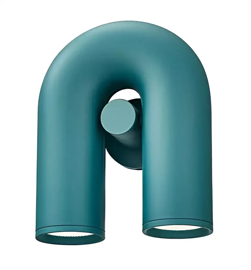 Modern terracotta led u-shaped wall lamp in teal with two cylindrical fixtures and a matte finish for living room lighting