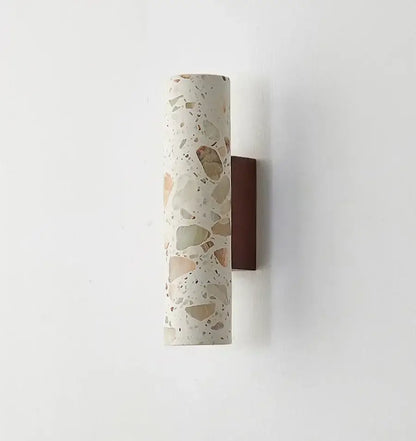 Modern terrazzo concrete led wall sconce with speckled white beige brown stone and dark wood backplate decorbites led wall