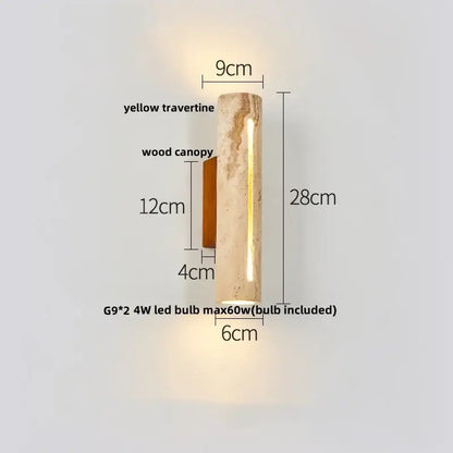 Modern terrazzo concrete led wall sconce with textured yellow travertine cylinder and wooden canopy decorbites led wall light