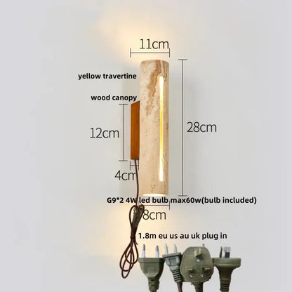 Modern terrazzo concrete led wall sconce with a cylindrical yellow travertine body and wooden canopy decorbites led wall light