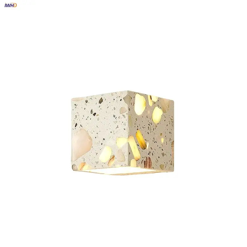 Modern terrazzo cube led wall light fixture with gold and black specks on creamy white base for bedroom decorbites led wall