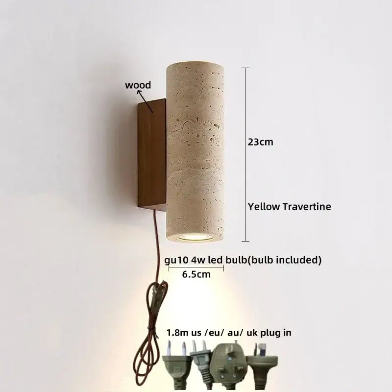 Modern terrazzo cube led wall light fixture featuring a yellow travertine cylindrical wall sconce with wooden backplate