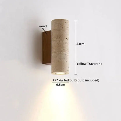 Modern terrazzo cube led wall light fixture featuring a yellow travertine cylindrical sconce with wooden backplate decorbites led wall
