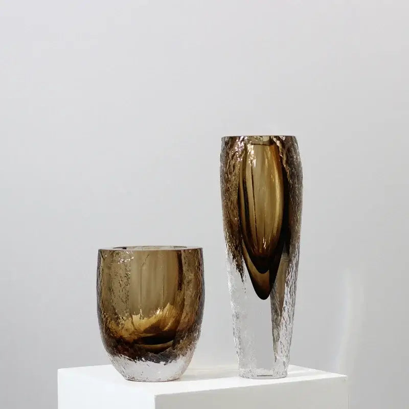 Tall modern textured amber brown glazed glass vase with frosted crackled finish for living room decorbites decor
