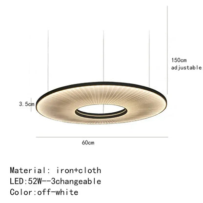Off-white dix heures round fabric pendant light with black iron frame and adjustable 150cm hanging length for dining room