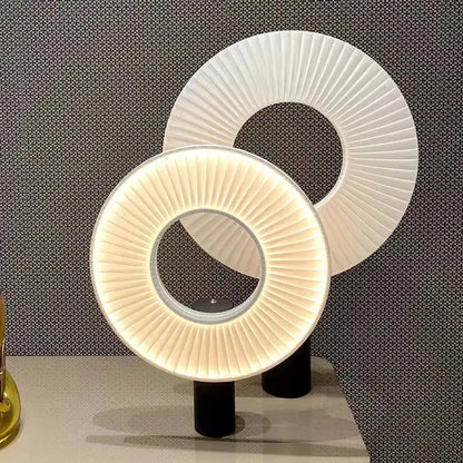 Modern white pleated dix heures round fabric pendant light with warm led lighting and black cylindrical bases for dining room