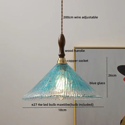 Modern textured glass copper led pendant light with a delicate blue ripple glass and dark wood handle for kitchen and dining room