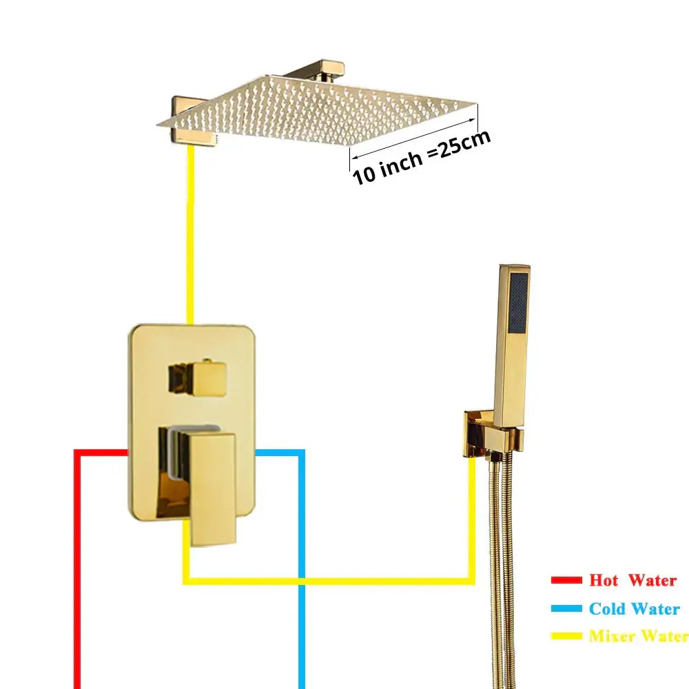 Modern textured gold rain shower faucet set with square gold-finished shower head and matching wall mount decorbites gold rain