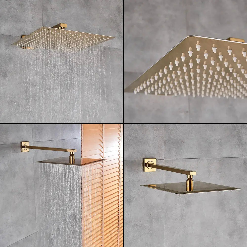 Modern textured gold rain shower set with gold-finished square showerhead and matching wall-mounted arm decorbites gold rain