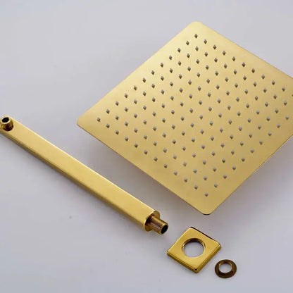 Modern textured gold rain shower set with gold-finished square showerhead and matching brass wall-mounted fixtures